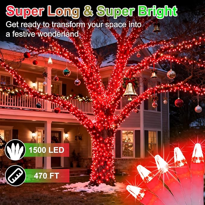1500 LED 470FT Christmas String Lights Outdoor, 12 Pro Modes and Timer Memory & Brightness, Plug in Waterproof Clear Wire Twinkle Light for for Xmas Yard Tree Wedding Party Decor (Red)