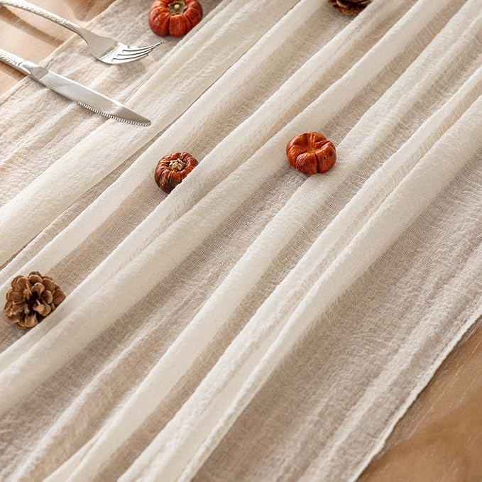 3pcs Ivory Gauze Rustic Cheesecloth Table Runner 120 Inch 10 FT for Wedding Baby Shower Bridal Shower Birthday Engagement Garden Outdoor Party Long Sheer Boho Decorations