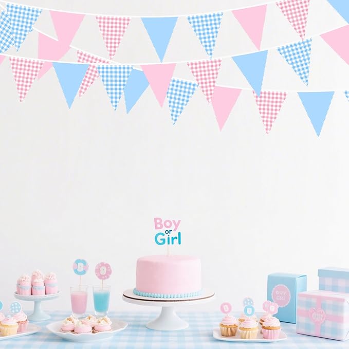 32Ft Pink Blue Gingham Party Decorations Blue Pink Gingham Fabric Triangle Banner Flag Plaid Pennant Garland Streamer for Gender Reveal Birthday Boy or Girl Baby Shower He or She Party Decor Supplies