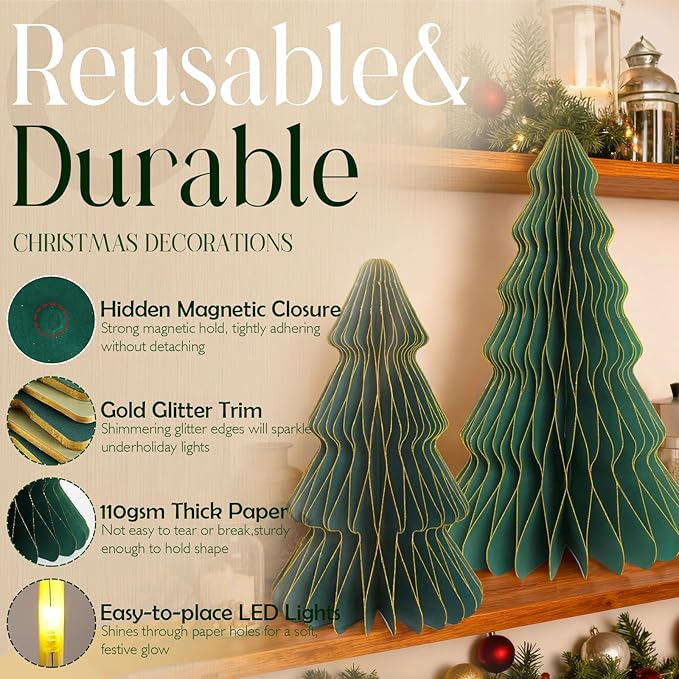 5Pcs Large Green Christmas Table Decorations Paper Christmas Trees, Light Up Honeycomb Xmas Tree Centerpieces for Tables, Christmas Frozen Winter Wonderland Party Vintage Home Decor, 12/14/16 Inch
