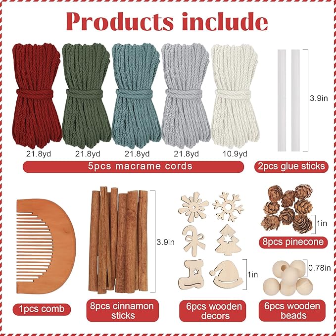 6 Set DIY Christmas Macrame Gnomes Santa Claus Kit, Christmas Handmade Knitted Gnome Ornaments with Pinecone Snowflake Cane Hat Hanging Gnomes Craft for Xmas Tree Holiday Party Decor with Instruction