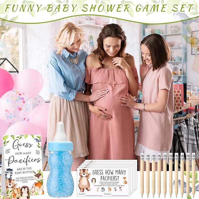 Roowest 512 Pcs Baby Shower Games Guess How Many Pacifiers Sign 100 Small Guessing Games 10 HB Pencils 750ml Milk Bottle 400 Acrylic Pacifiers Decoration for Guest Gender Reveal(Bright,Woodland)