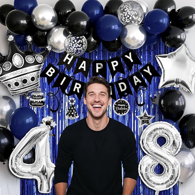 48th Birthday Decorations for Men and Women, Black Blue Silver Happy Birthday Number 48 Balloons, Banner, Fringe Curtains Garland Kit - 48 Year Old Party Supplies