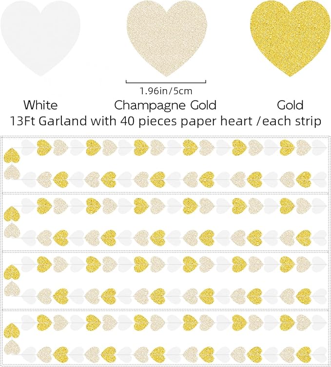 White Champagne-Gold Decorations for Party - 52Ft Heart Paper Garland Decoration Streamers Birthday Banner Bridal Baby Shower Wedding Bachelorette Engagement Graduation Hanging Decor Hongtongtong