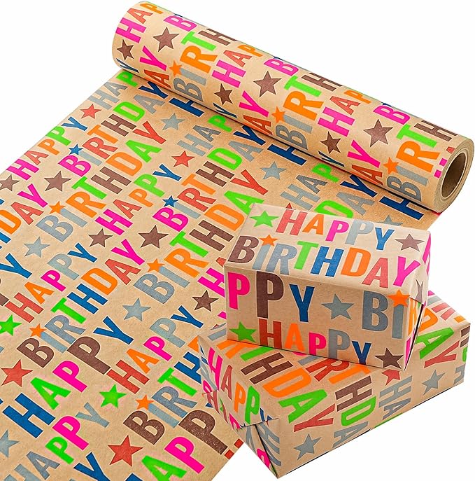 WRAPAHOLIC 30 Inch Jumbo Kfaft Birthday Wrapping Paper Roll - 30 Inch x 33 Feet - Colorful Happy Birthday Wrapping Paper for Girls Boys Kids, Baby Shower, Party