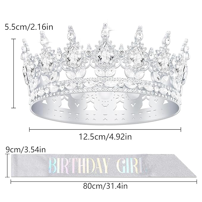 Queen Crown Birthday Crowns for Women, Birthday Girl Sash, Birthday Tiara for Women Set, Princess Rhinestone Birthday Girl Headband Birthday Gifts for Women, Sweet Happy Accessories