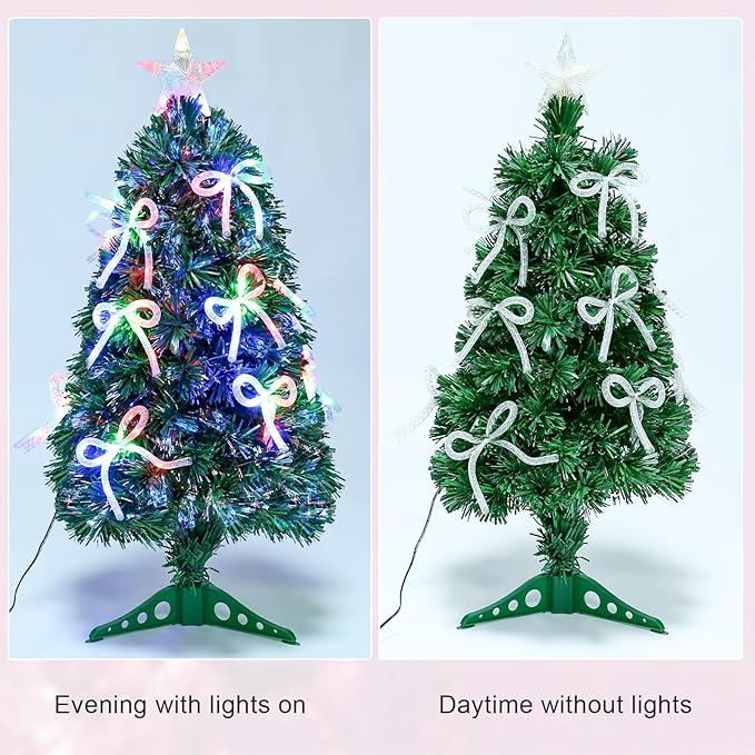 Joyhalo 3 FT Fiber Optic Mini Christmas Tree, Pre Lit Christmas Tree, Table Top Small Christmas Trees with Star Tree Topper，Bows, Metal Stand