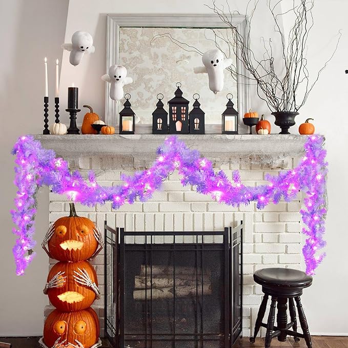 WONDER GARDEN 9FT Halloween Garland with Lights Artificial PVC Halloween Hanging Garlands for Mantle Fireplace Wall Table Room Party Office Holiday Home Decor