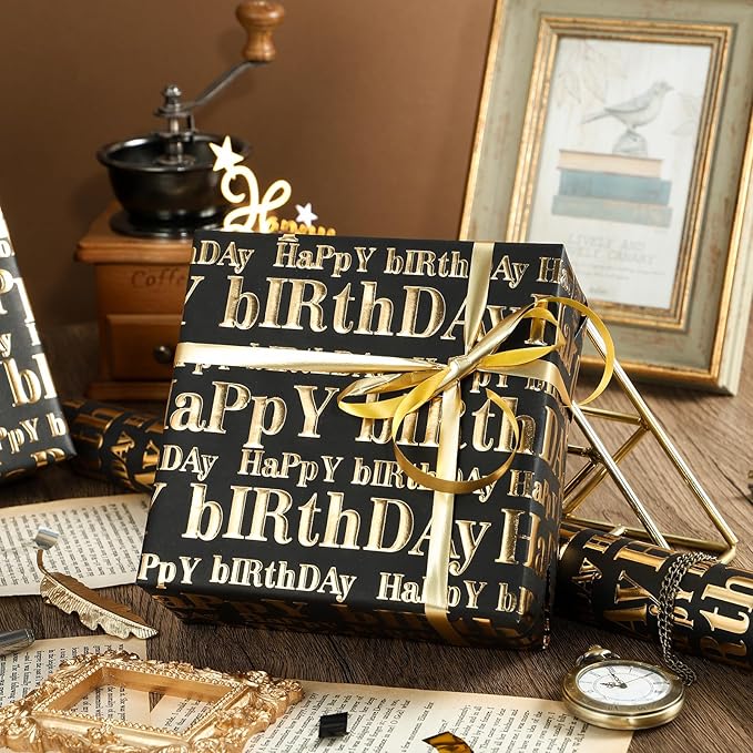 WRAPAHOLIC 3D Kraft Birthday Wrapping Paper Roll - Mini Roll - 17 Inch x 16.5 Feet - Gold and Black Happy Birthday Lettering Design with Embossed Perfect for Holiday, Party Celebration