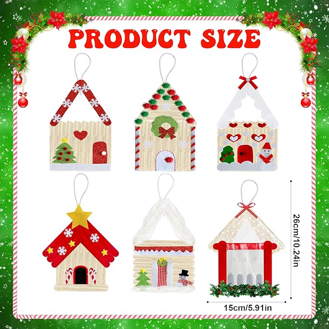 Yoloodayy 12 Set Christmas Craft Kits Popsicle Stick Christmas Ornaments 6 Designs DIY Popsicle Stick Xmas House Decorations Art Craft Supplies for Xmas Holiday Classroom Activities Party Favors