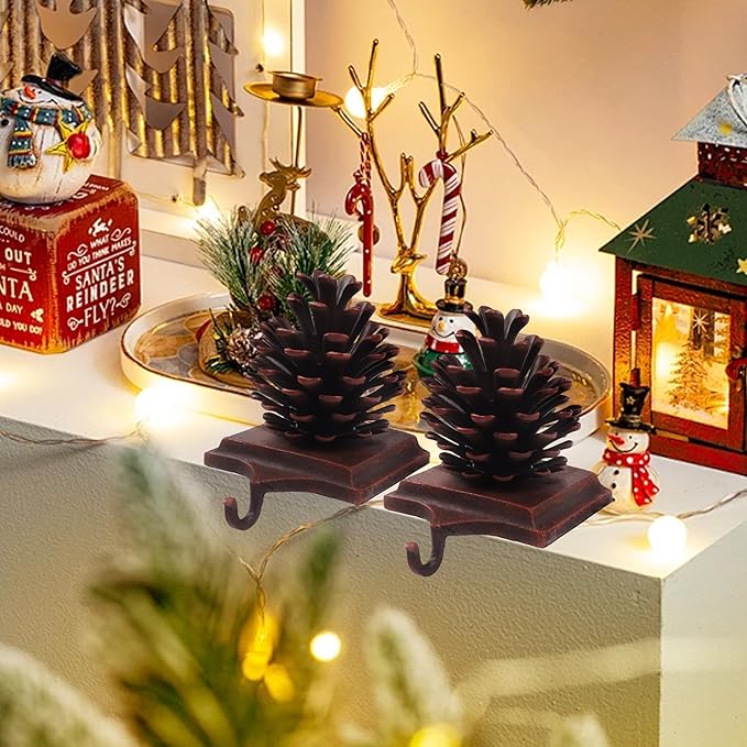 JUSTOTRY PineCones Christmas Stocking Holder Set of 4 with Non-Skid Retro Brown Stocking Holders for Mantle Fireplace Christmas Indoor Home Decor Gifts Xmas Decorations
