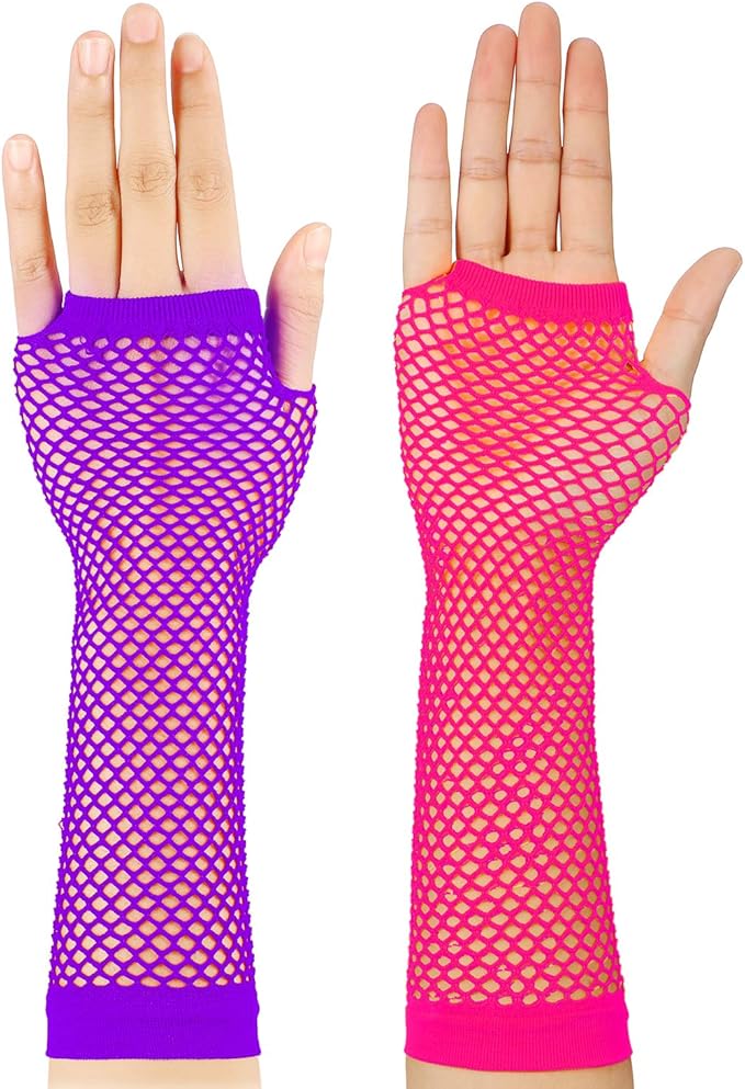 TecUnite 12 Pairs Fishnet Gloves Fingerless Neon Gloves for Women Men 80s Party Costume Accessories Supplies