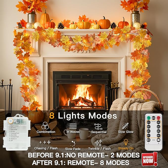 suddus Fall Leaves Garland with Lights, 20LED Battery Operated Fall Lights with Timer, Thanksgiving Decoration for Home, Table, Mantle, Office, Outdoor, Autumn, Halloween, Yellow