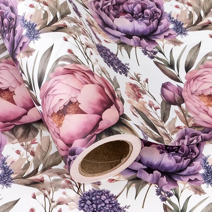 WRAPAHOLIC Kraft Floral Wrapping Paper - Mini Roll - 17 Inch x 16.5 Feet - Watercolor Lavender Flower Wrapping Paper for Wedding, Birthday, Bridal Shower, Tea Party, Drawer Liners, Home Closet Shelves