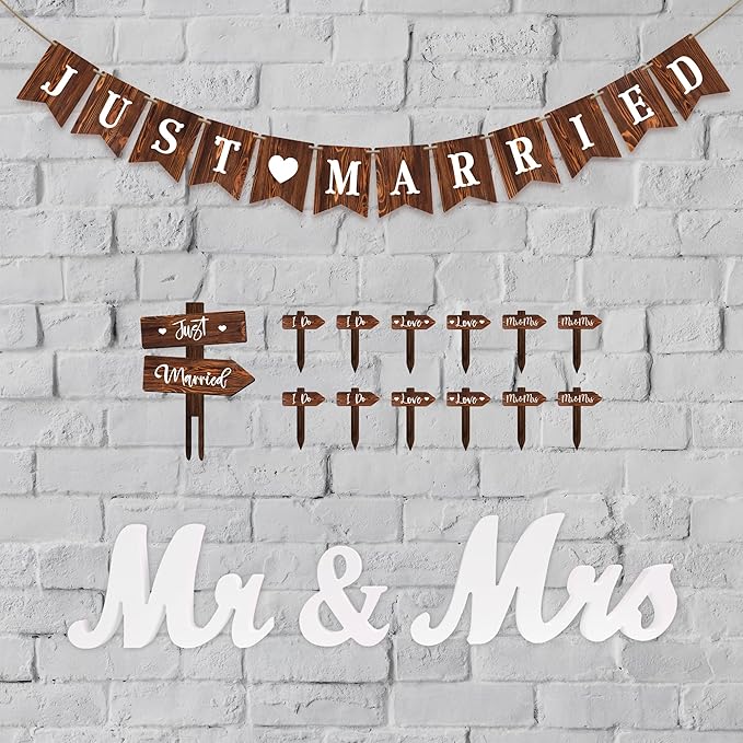 Rustic Wedding Decoration Set Just Married Cake Topper & 12 PCS Cupcake Toppers & Banner & Mr Mrs Table Sign in Wood