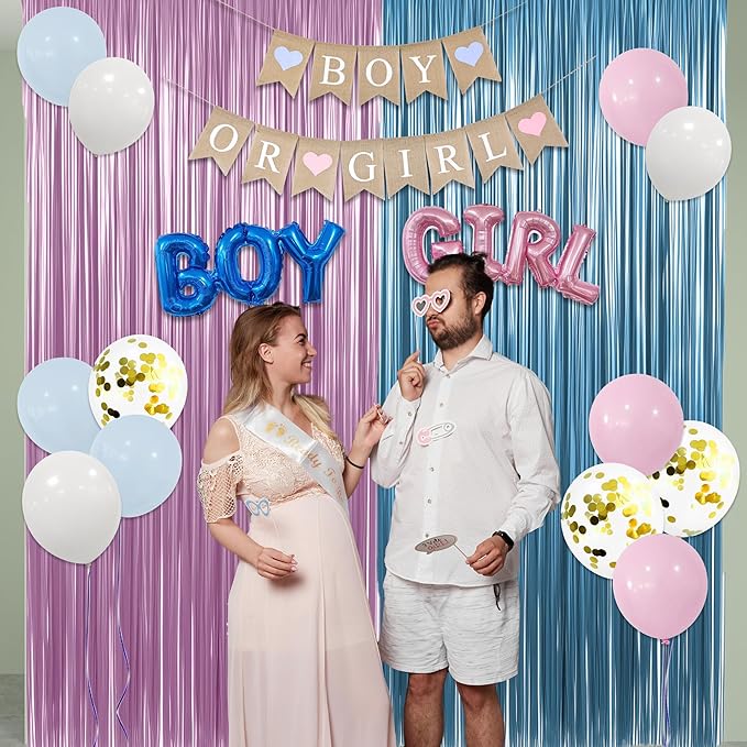 Baby Gender Reveal Party Decorations, 23 Pcs Boy or Girl Baby Shower Party Decoration including Pink Blue Balloons Boy or Girl Banner Fringe Curtains