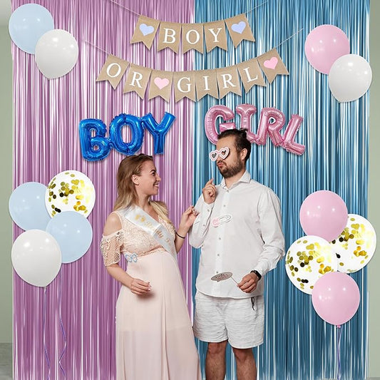 Baby Gender Reveal Party Decorations, 23 Pcs Boy or Girl Baby Shower Party Decoration including Pink Blue Balloons Boy or Girl Banner Fringe Curtains