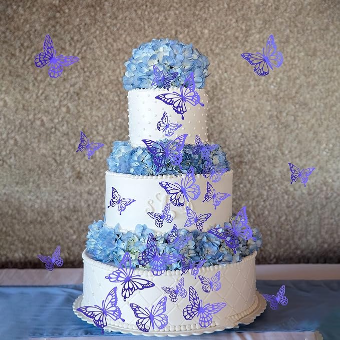 40 PCS Laser 3D Butterfly Cupcake Toppers - Hollow Arts Cake Decorations for Baby Shower, Wedding, Fairy Birthday Party Supplies - Wall Sticker Decoration Mixed Styles Dark Blue