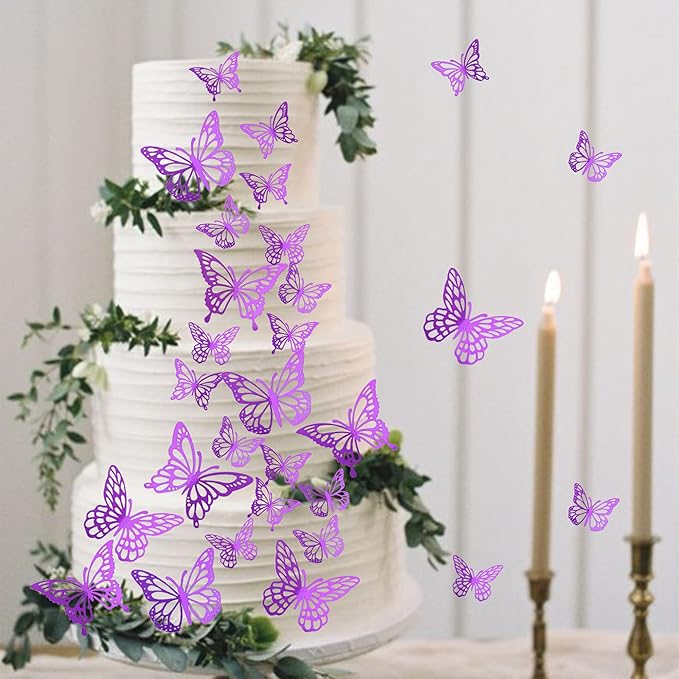 40 PCS Deep Purple Laser 3D Butterfly Cupcake Toppers - Hollow Arts Cake Decorations for Baby Shower, Wedding, Fairy Birthday Party Supplies - Wall Sticker Decoration Mixed Styles