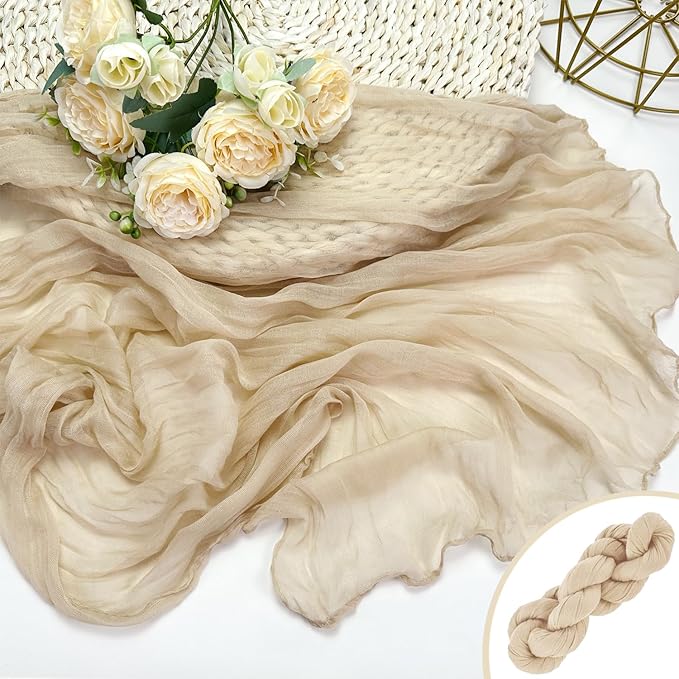 Booque Valley Beige Cheesecloth Table Runner 10ft Super Soft Boho Wrinkled Gauze Sheer Cloth for Baby Shower Baptism Birthday Party Wedding Centerpiece Table Decoration, 35x120 Inch