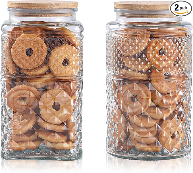 90 oz | 0.7 Gallon Large Cookie Jar, Glass Jar with Airtight Lid, Decorative Kitchen Canister with Bamboo Lids, Candy Jar | Glass Storage Air tight Glass 2600ml Round & Square