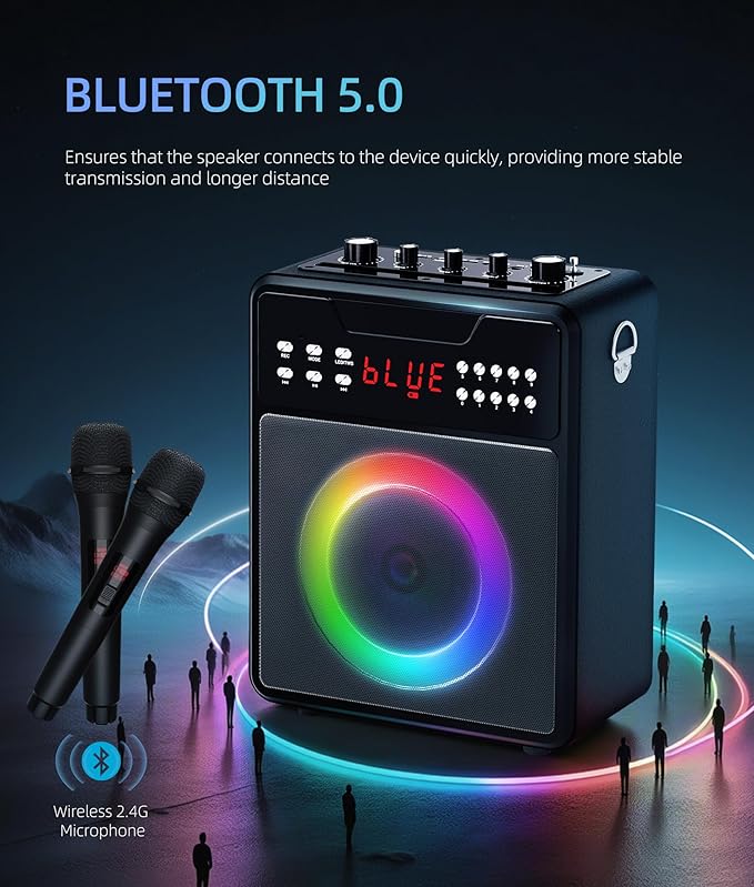 Karaoke Machine for Adults, Portable Bluetooth Speaker with 2 Wireless Microphones and Lights Show, Karaoke Speaker with Bass & Treble, Supports for TWS,USB,FM,REC,AUX in,TF Card for Party/Meeting