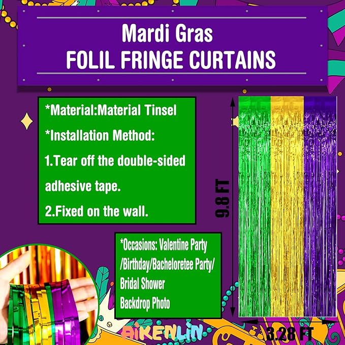4 Pack 3.2Ft x 9.8Ft Mardi Gras Foil Fringe Curtain Backdrop, Gold Green Purple Metallic Tinsel Foil Fringe Streamers Curtains Background for Photo Booth, Birthday, Wedding, Carnival Party Decoration