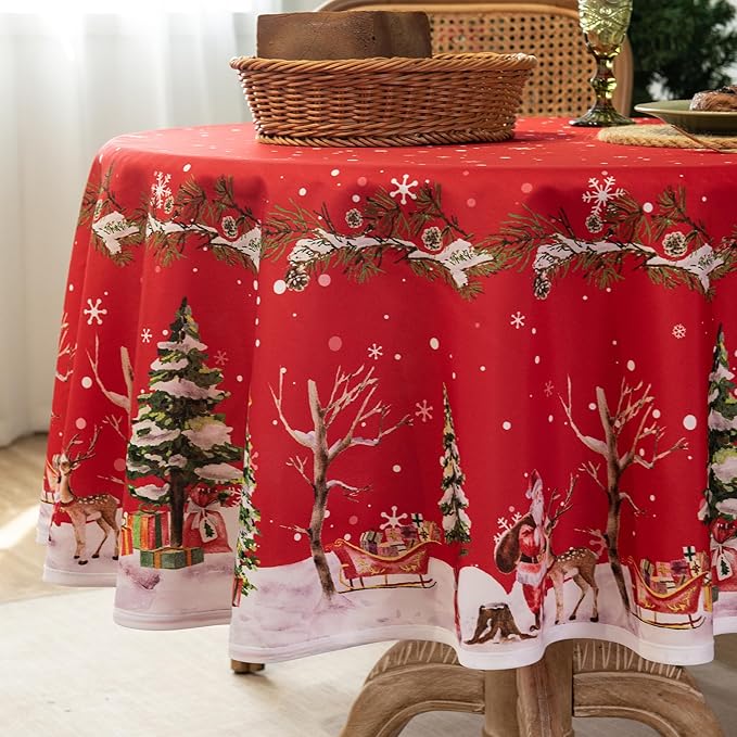 Christmas Waterproof Tablecloth – Red Holiday Table Cover with Santa Claus, Reindeer, Tree & Snowflake Design – Festive Dining Decor for Christmas Party and Home, 60" Round