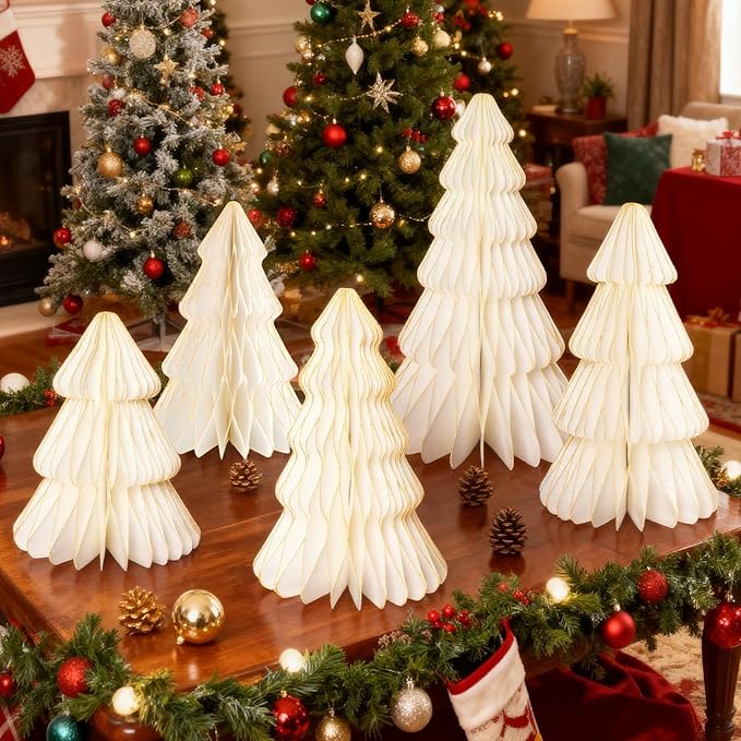 Christmas Table Decorations Indoor, 5 Pcs Large White Honeycomb Paper Christmas Trees, Vintage Light Up Table Centerpieces for Xmas Winter Wonderland Holiday Party Weddings Home Decor, 12/14/16 Inch