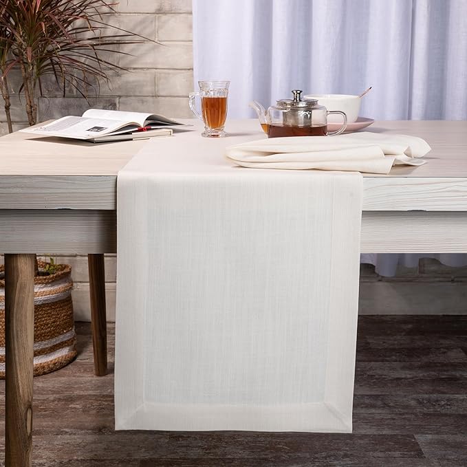 D'Moksha Homes Ivory Table Runner 14 x 90 Inch - Faux Linen Dining Table Runner 90 Inches Long - Wrinkle Resistant, Machine Washable for Fall, Thanksgiving, Christmas, Holiday - 100% Recycled Fabric