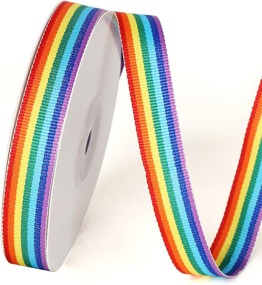 5/8 inch 25 Yards Stripe Grosgrain Rainbow Ribbon, Double Face Rainbow Grosgrain Roll, Ribbon for Gift Wrapping, Wedding Decor, Pride Birthday Party Decoration & DIY Crafts