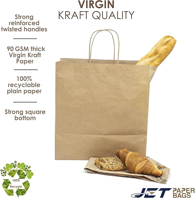 JET PAPER BAGS - 11x7x12 Inch [250 Pcs] Brown Paper Bags with Handles Prime for Takeout, Grocery, Goody, Retail, Party, Gifts, Weddings