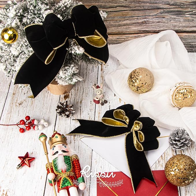 Ribbli Black Velvet Wired Ribbon 2.5 Inch Luxury Matte Velvet Christmas Ribbon for Gift Wrapping Christmas Tree Decoration Crafts Wreaths Supplies - 10 Yards