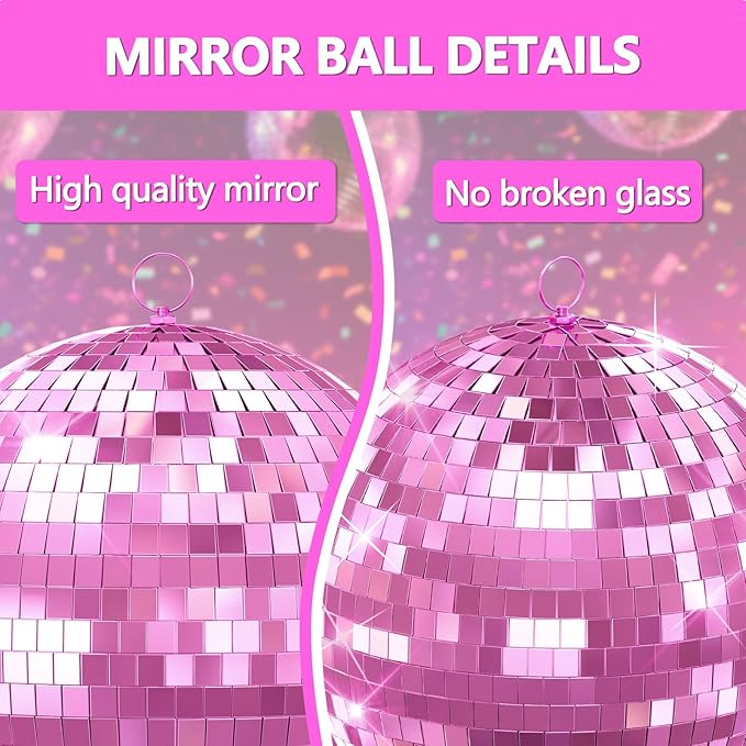 Classic Mirror Ball for Disco, 12"/16"/20" Mirror Disco Ball with Hanging Ring for DJ Club Party Live Wedding Stage Lighting Home Decor Pink 12Inch