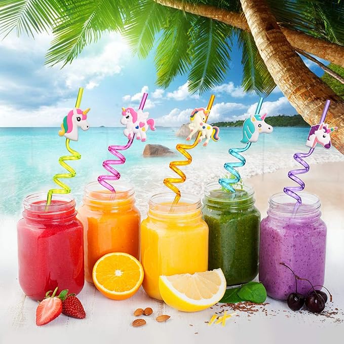 24 Reusable Unicorn Drinking Plastic Straws + 6 Temporary Tattoos for Girls | Birthday Party Supplies - Rainbow Unicorn Party Favors Decorations with 2 Cleaning Brush