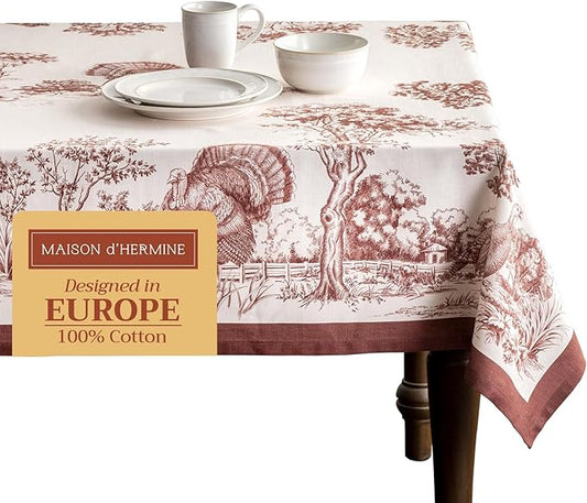 Maison d' Hermine Table Cloth Square Table 100% Cotton 60 x 60 Inches Fall Tablecloth Reusable Everyday Use for Thanksgiving Christmas Decorations Dining Farmhouse Party (Holy Jouy - Brown)