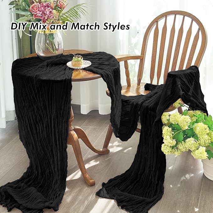 IVAPUPU 2 Pcs Cheesecloth Halloween Table Runner - 10ft Black Boho Gauze Black Cheese Cloth Table Runners for Halloween Decor Indoor Baby Shower Decoration Wedding Party Summer Garden Farmhouse