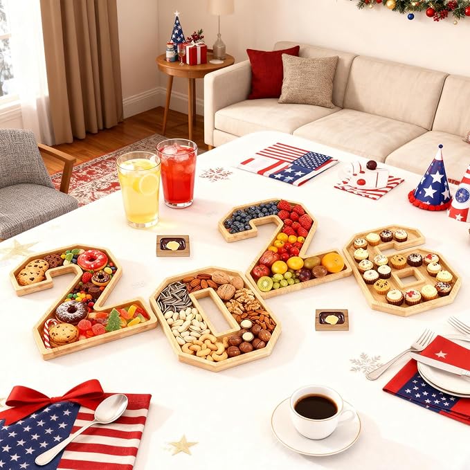 6 Packs 2026 Charcuterie Numbers Letter Board Bamboo Food Serving Trays Wooden Serving Platter for Fruit Vegetable Cupcake Cheese Plates with 2 Sauce Dishes for New Year, Graduation Party Tabletop