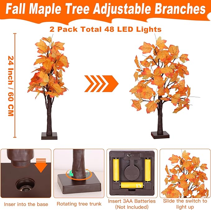 2 Pack 24 Inch Artificial Lighted Fall Maple Tree Thanksgiving Decorations with 48 LEDs Battery Operated Timer Prelit Acorn Maple Tree Lights for Thanksgiving Table Decor Home Indoor Autumn Harvest