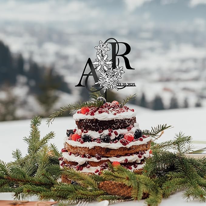 Customized Winter Wedding Cake Topper Personalized Bride & Groom's Initials and Wedding Date Cake Decoration with Snowflake