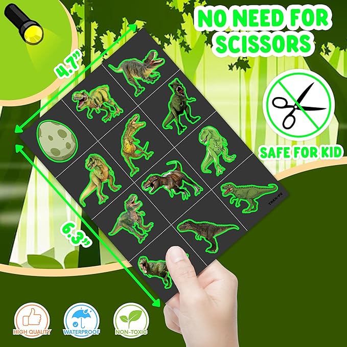 96 PCS T Rex Dinosaur Pre-Cut Temporary Tattoos Birthday Party Decorations Favors Supplies Decor 3D Tyrannosaurus Rex Dino Trex Cute Stickers Boys Girls Gift School Prizes Rewards (Luminous)