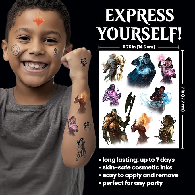 Savvi - 50 Magic the Gathering Temporary Tattoos: Skin-Safe Ink, Great for Birthday Parties, Gifts for Boys and Girls Ages 4-12+, Made in the USA [6 sheets, 50 count]