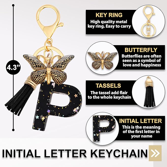 Initial Letter Keychain, Butterfly Keychain Cute Resin, Initial Keychain Backpack Charms, Key chain for Women, Girls