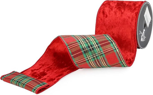 MAYREEL Red Crushed Velvet Wired Ribbon 4 Inch Thick Luxurious Reversible Tartan Christmas Ribbon with Plaid Back for Tree Decorations, Garlands, Wreaths, Gift Wrapping and Holiday Crafts - 10 Yards