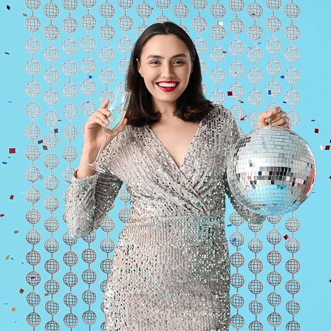BRAVESHINE Hanging Balls Party Streamers Backdrop - 2 Pack Silver Tinsel Foil Fringe Curtains for 70s 80s 90s Discoball Party, Birthdays, Bachelorette, Engagement, Music, Dance,New Years Decorations
