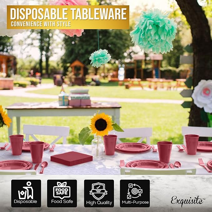 Party Solids 350 Pieces Burgundy Plastic Plates For Party, Burgundy Disposable Plates Set, 50 Of Each 9" Dinner Plate Set, 7" Dessert Plate, Cups, Napkins & Cutlery Plastic Dinnerware