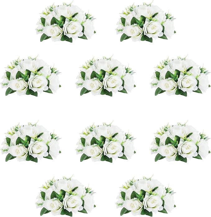 10Pcs Artificial Flower Ball Arrangement, 9.5" 15 Heads Wedding Roses Bouquet with Base Suitable for Parties Valentine's Day Wedding Centerpieces Flower Rack and Home Decor (White)