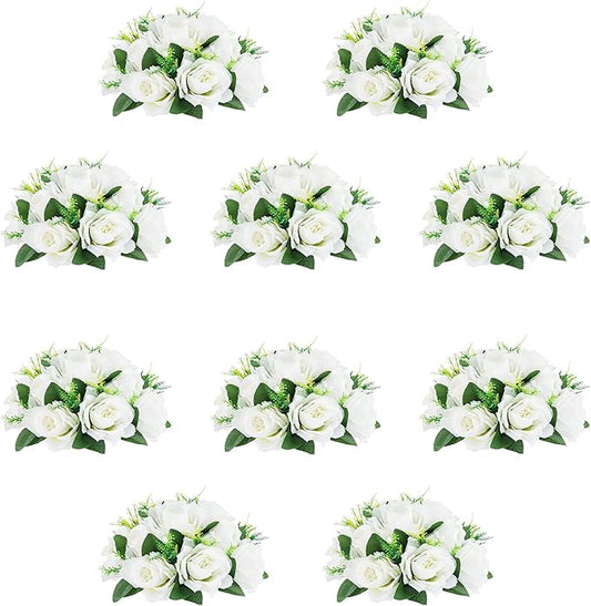 10Pcs Artificial Flower Ball Arrangement, 9.5" 15 Heads Wedding Roses Bouquet with Base Suitable for Parties Valentine's Day Wedding Centerpieces Flower Rack and Home Decor (White)