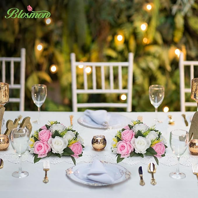 BLOSMON Flower Balls Rose Centerpieces: 10 Pcs Pink White Fake Flowers Kissing Balls Decor Artificial Wedding Floral Arrangements Silk Flower Bouquet with Base Home Party Room Table DIY Decorations
