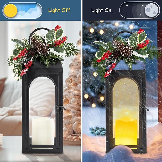 Christmas Lanterns Decorative Indoor, Christmas Lantern Outdoor with Timer, 16 Inch Decorative Candle Lanterns Flameless Light with Floral and Greenery for Table Centerpieces,Home, Porch Decor